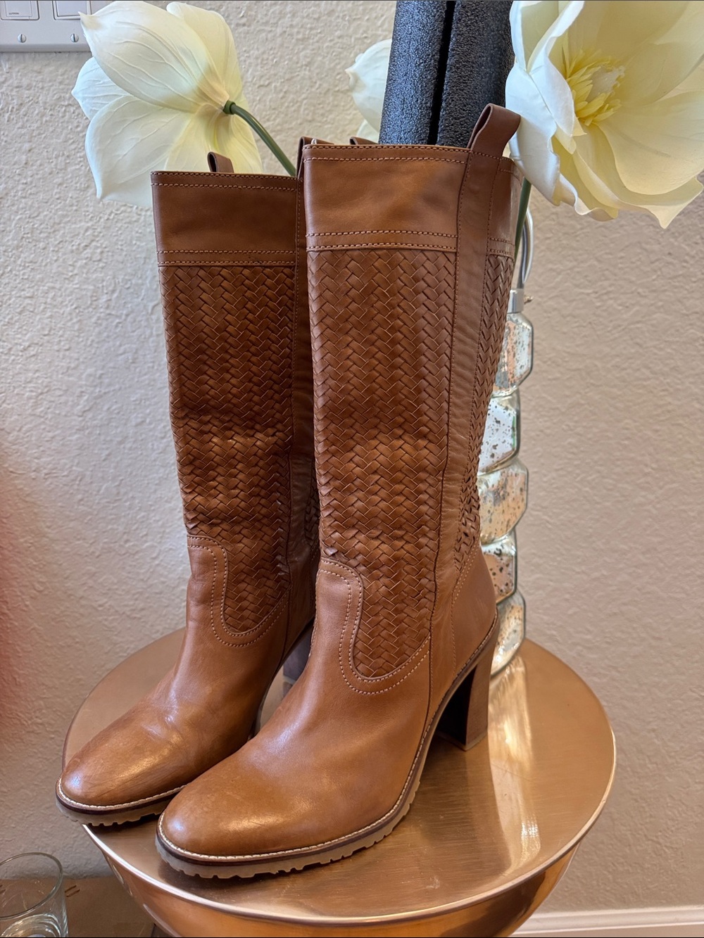Cole Haan Tan Woven Leather Knee-High Boots